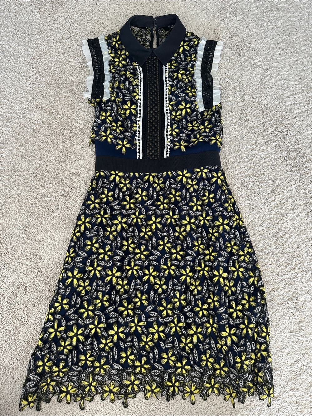 Self-Portrait Navy and Yellow Lace Mini Dress with Floral Embroidery, size 2